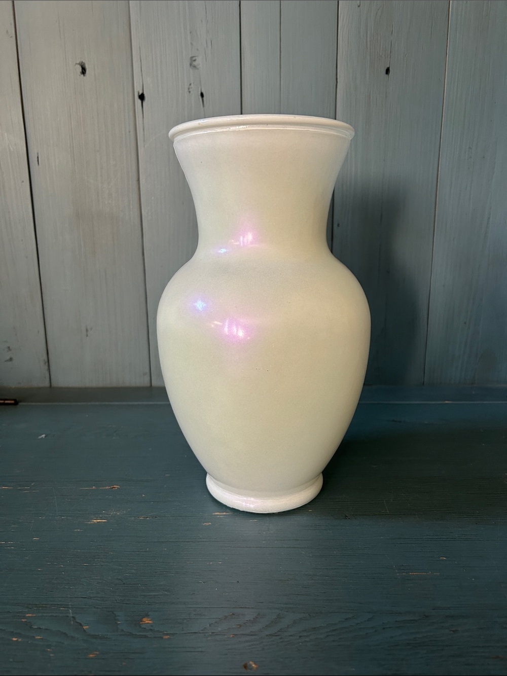 Vintage White Glass Vase with Subtle Iridescence | 10.5 inches